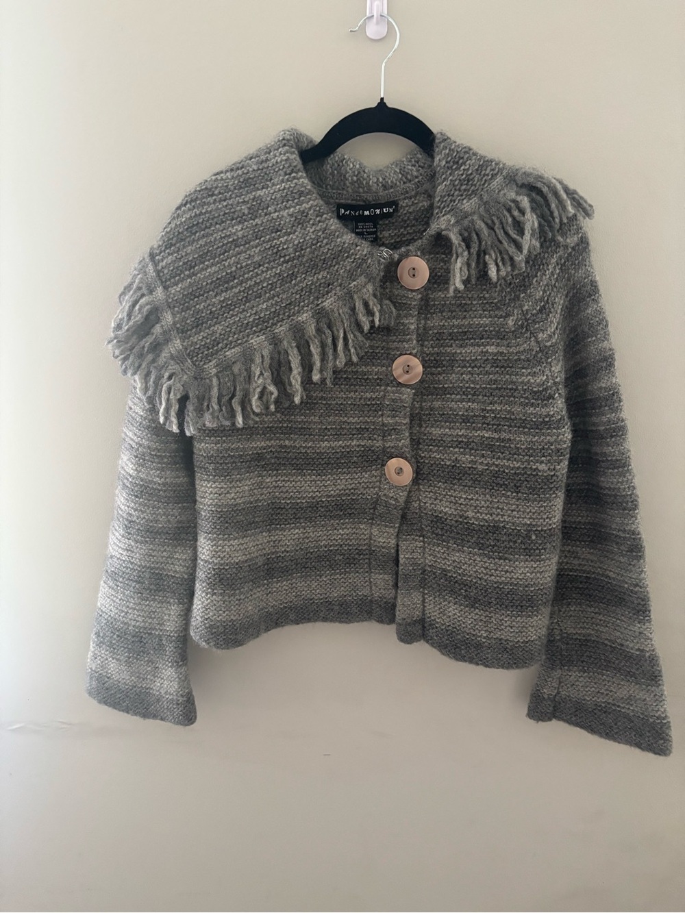 Pandemonium 100% Wool Fringed Shawl Collar Knit Blazer Jacket in Gray Size L